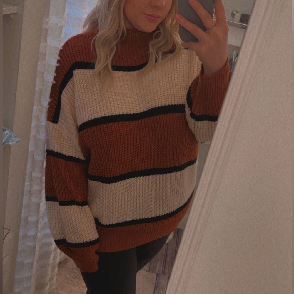 Brown and White Striped Turtleneck Sweater - Picture 5 of 5